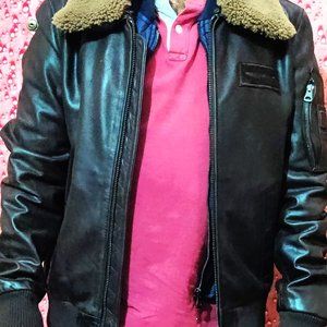 Men Cow leather bomber Jacket with Removable fur collar Aviator